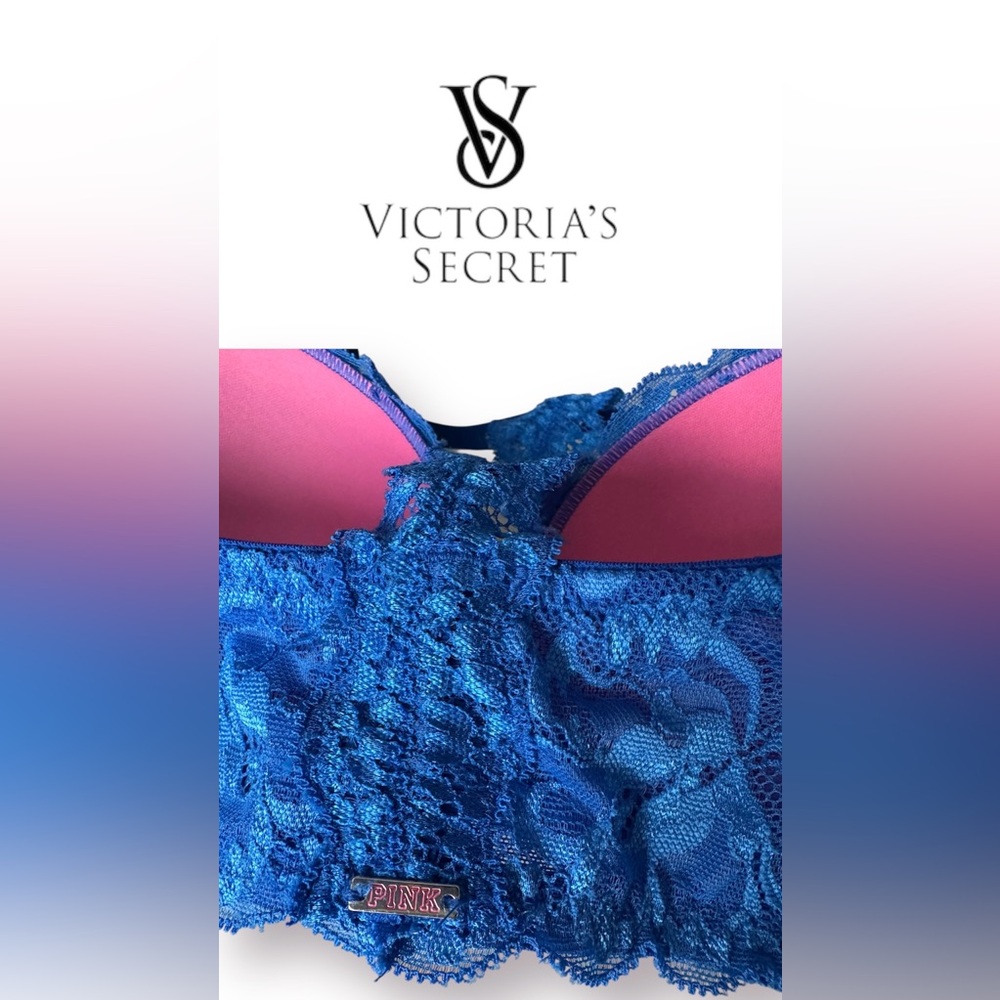 🛍️SALE🛍️PINK Victoria's Secret Royal Blue Lace Push-up Bra with Racerback Straps - Picture 6 of 9